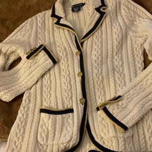 RALPH LAUREN BLUE LABEL ELEGANT CABLE KNIT CARDIGAN SWEATER CREAM NAVY LARGE